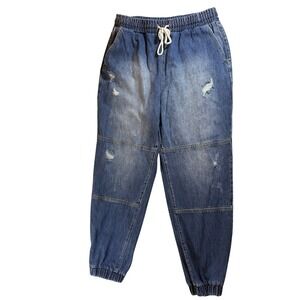 Cello Women's Distressed Jean Joggers Size Large Elastic/Tie Waist